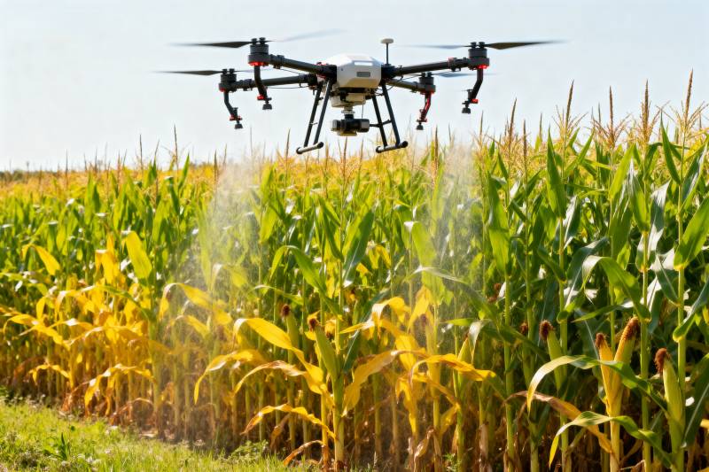无人机喷洒玉米田图片