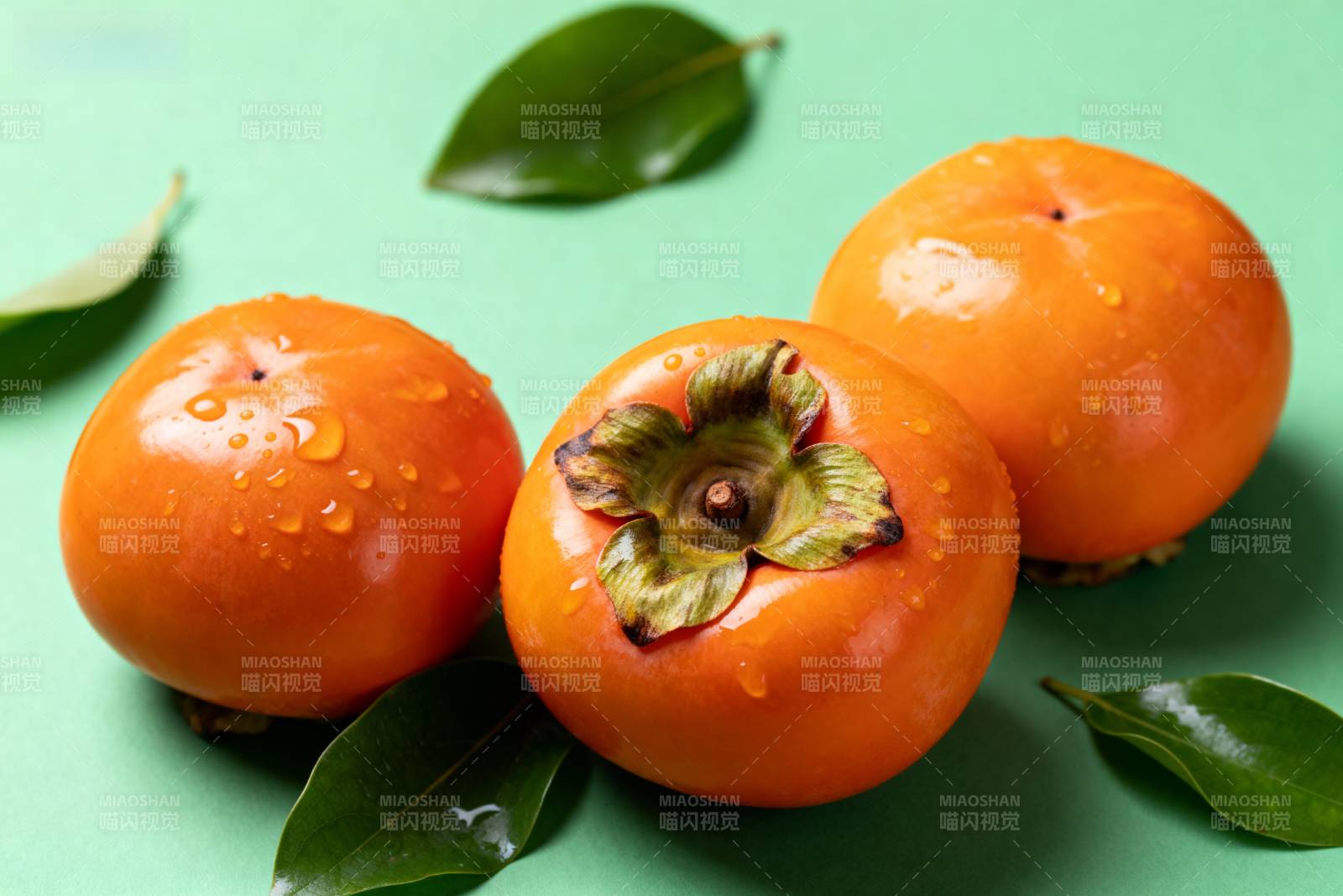 鲜橙柿子 绿叶相伴图片