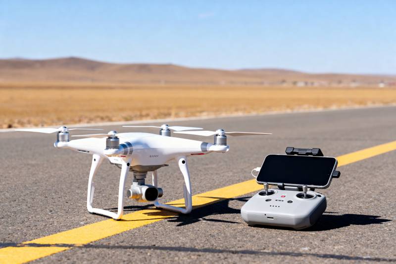 无人机与遥控器静置跑道图片