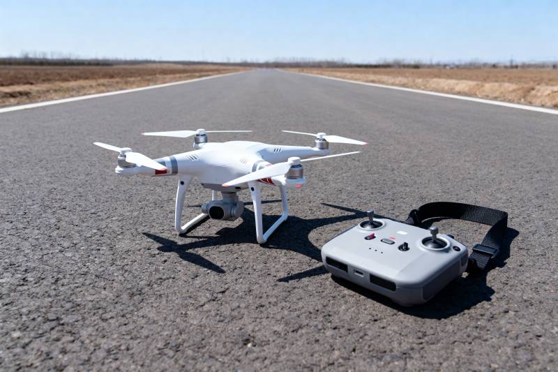 无人机与遥控器静置路面图片