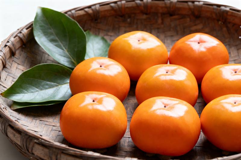 柿子与绿叶静物图片