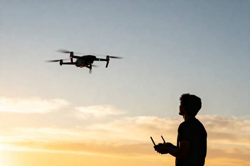 夕阳下操控无人机图片