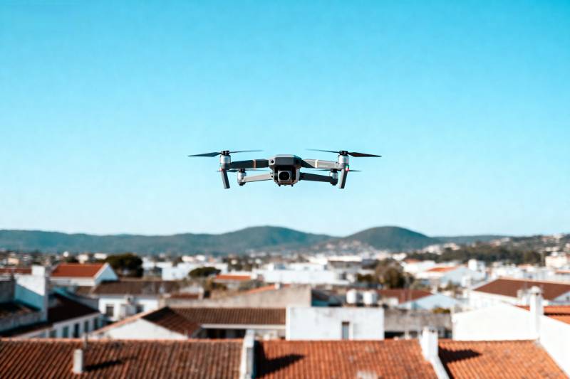 无人机翱翔城市上空图片