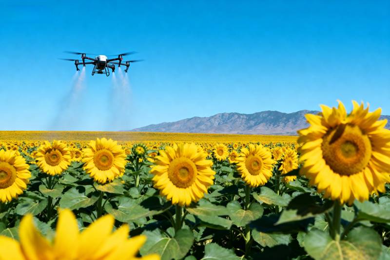 无人机喷洒向日葵田图片