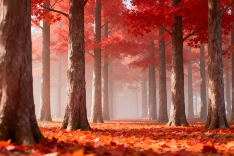 秋林红叶迷雾图片
