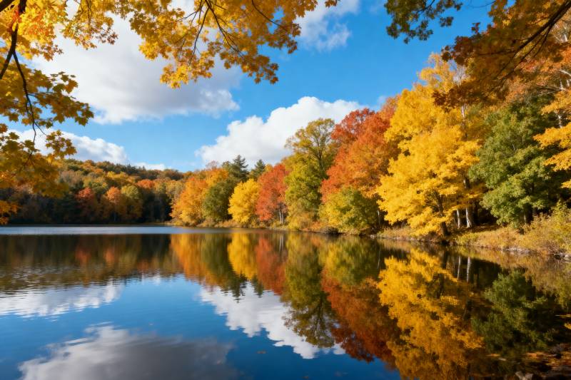 秋湖倒影美景图片