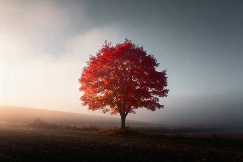 红叶孤树映晨雾图片