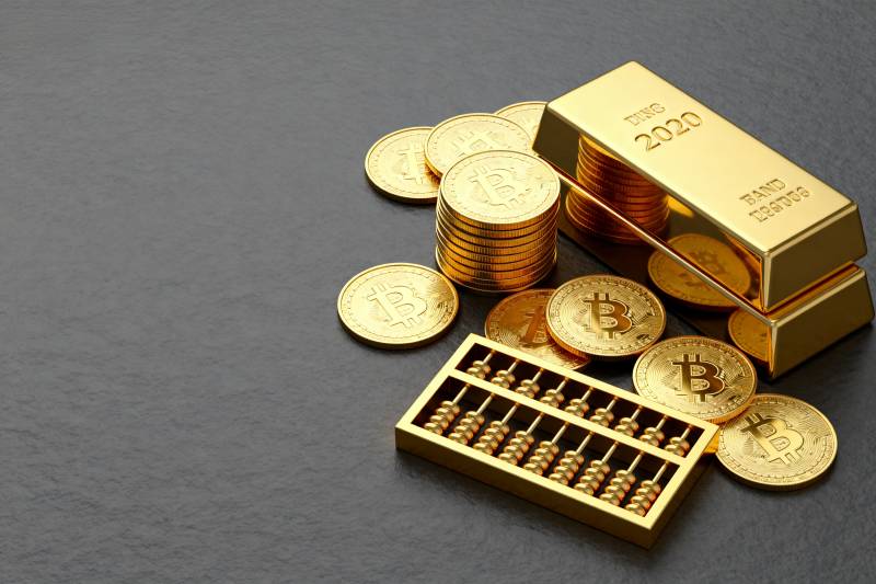 黄金比特币与算盘图片
