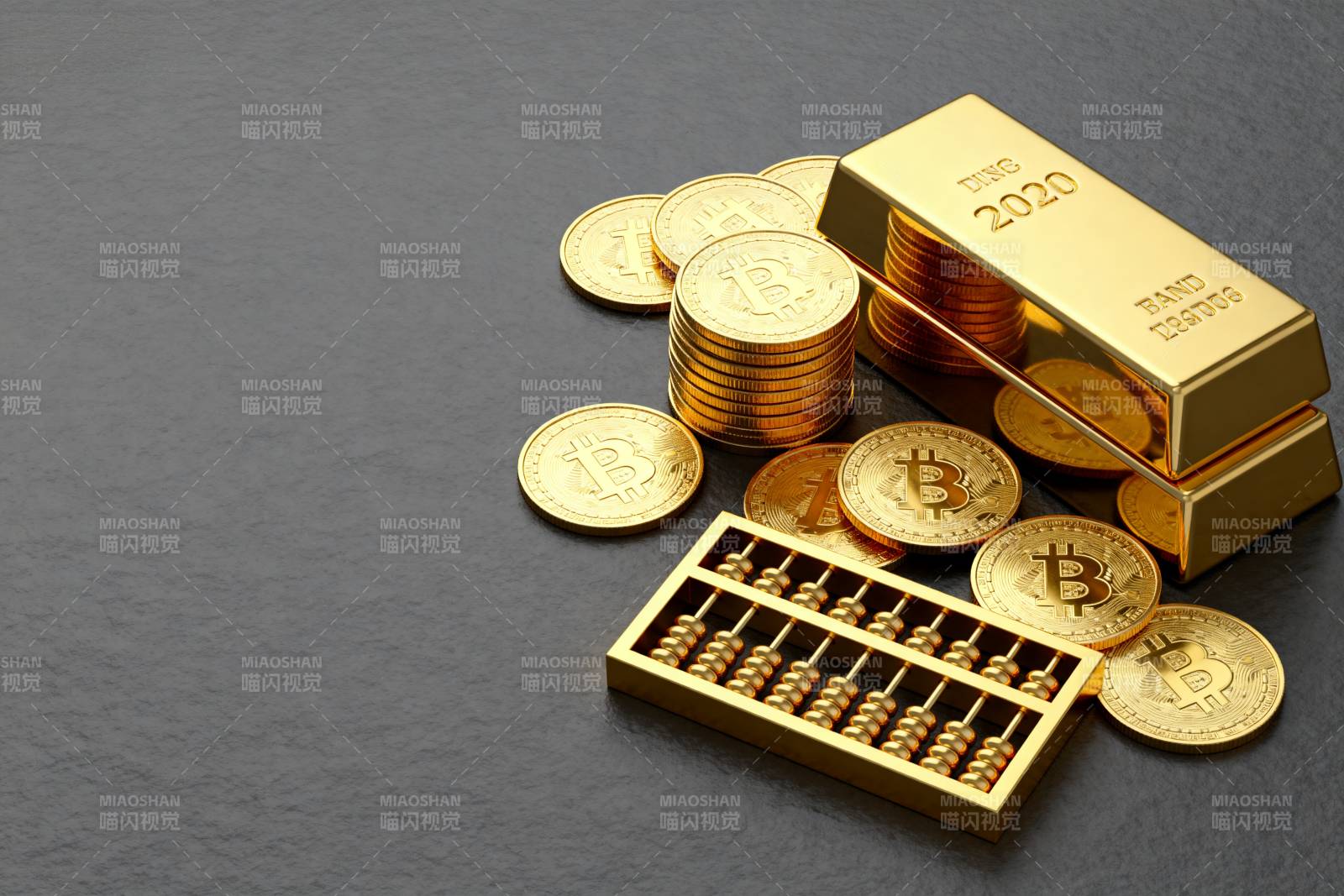 黄金比特币与算盘图片
