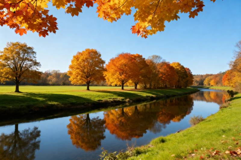 秋日湖畔美景图片