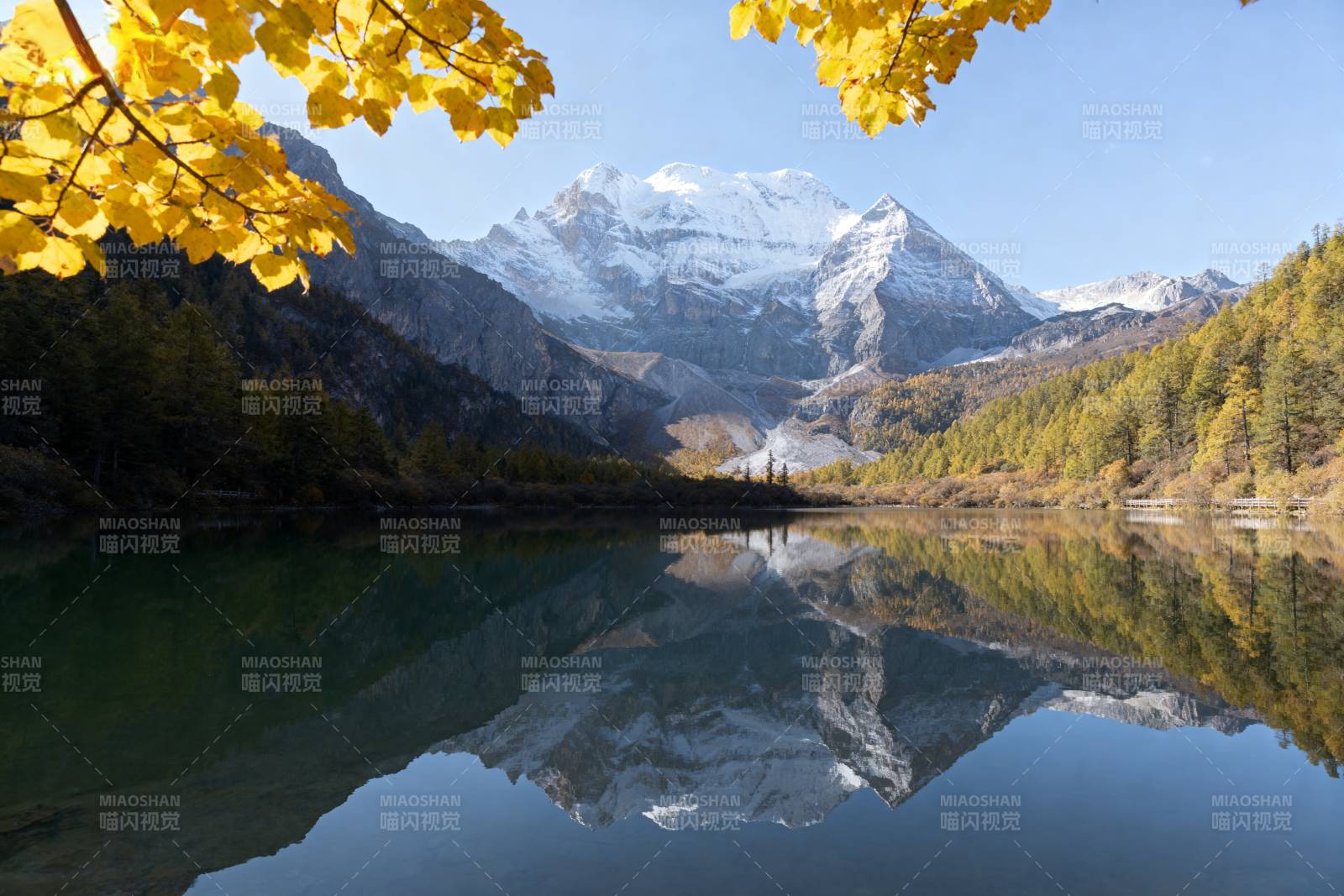 秋湖映雪山图片