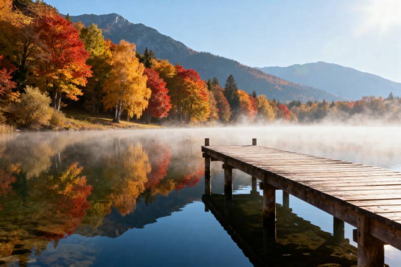 秋湖晨雾倒影图片