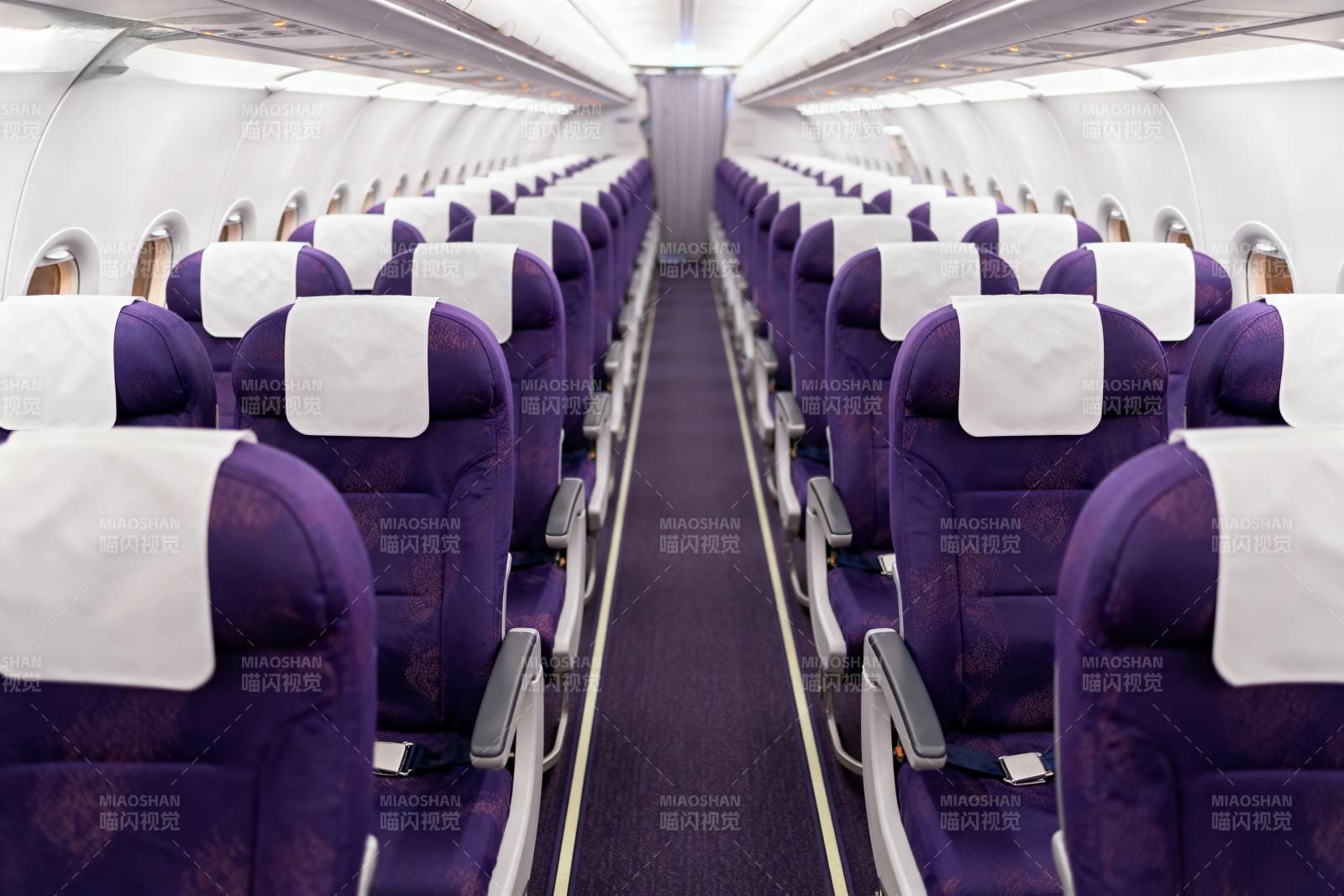 紫色座椅的飞机客舱图片