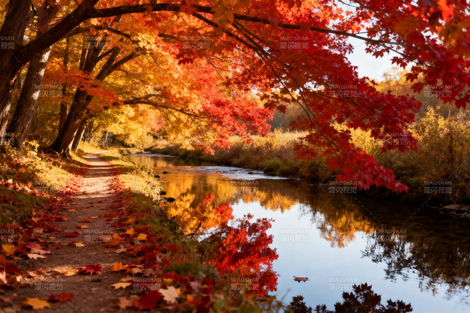 秋色映溪流图片