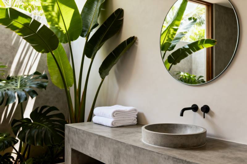 绿植环绕的现代浴室图片