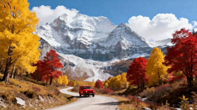 秋山雪峰行旅图图片