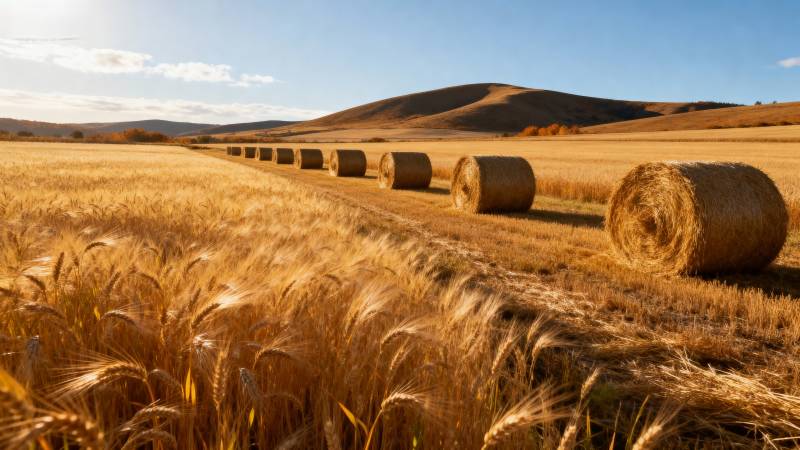 金秋麦田卷草垛图片