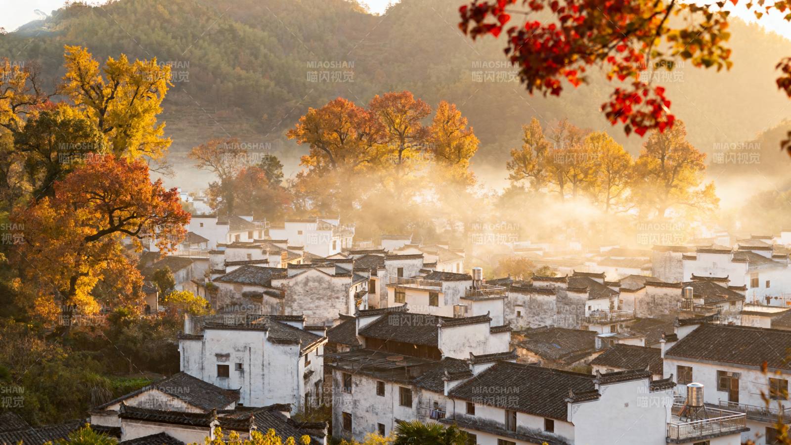 秋晨古村烟霞美图片