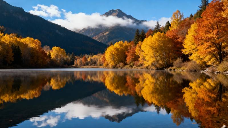 秋湖映山色图片