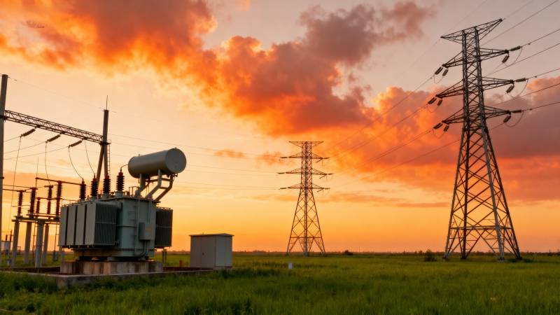 夕阳下的电力塔图片