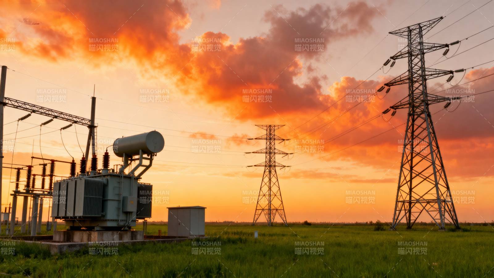 夕阳下的电力塔图片