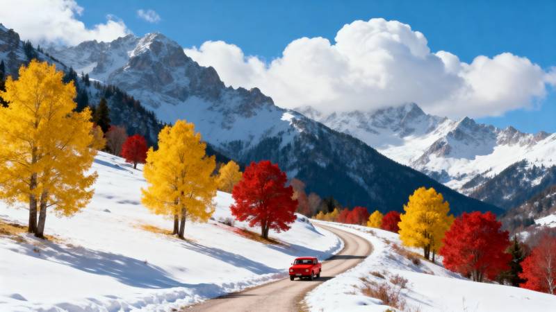 雪岭秋色路行远图片