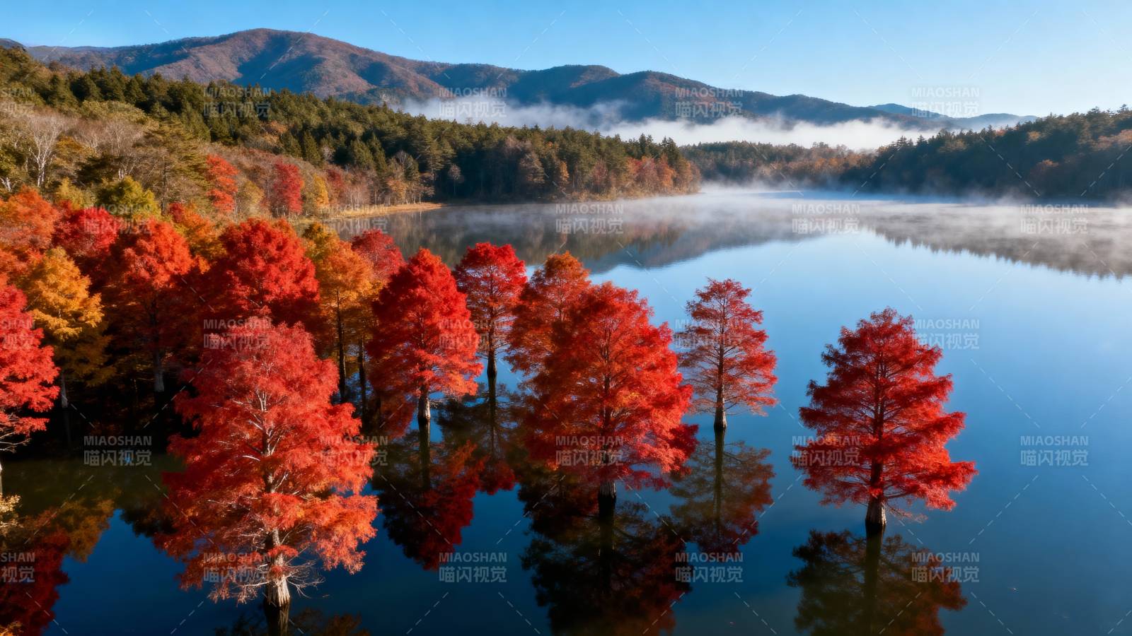 秋湖红叶倒影图片