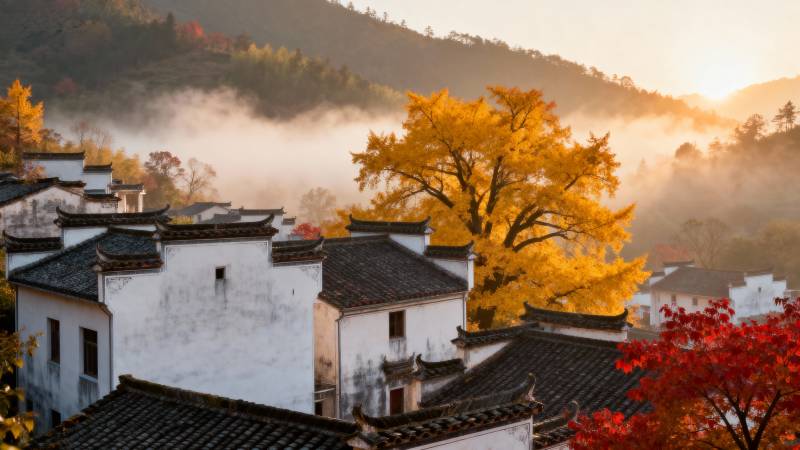 秋晨古村雾绕山图片