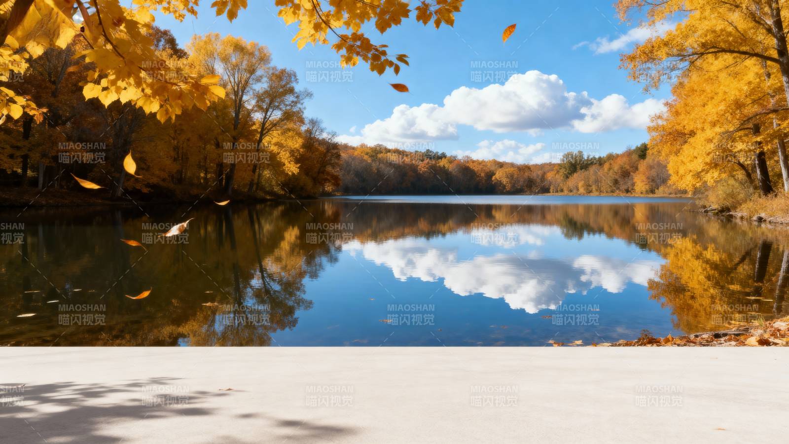 秋湖倒影 落叶纷飞图片