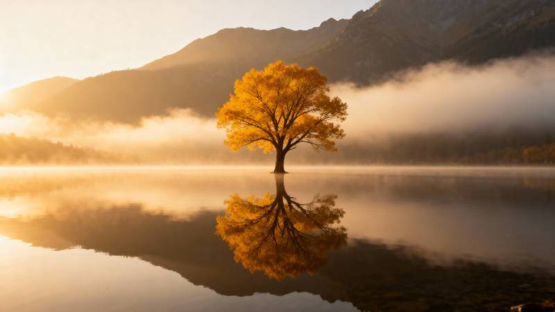 秋树映湖光图片