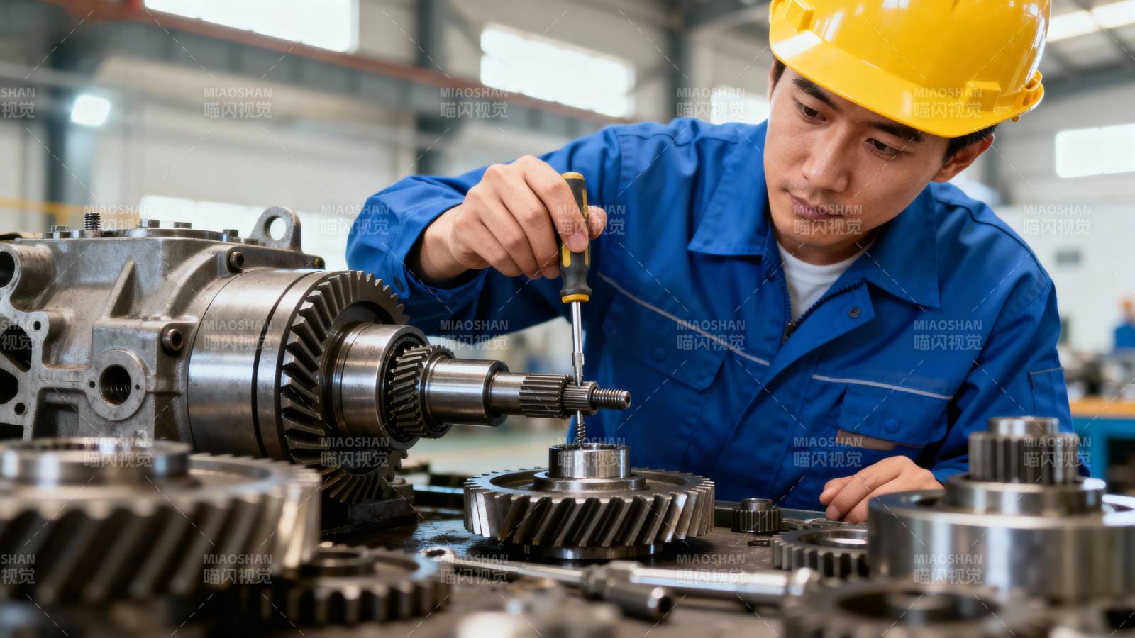 工人维修机械齿轮图片