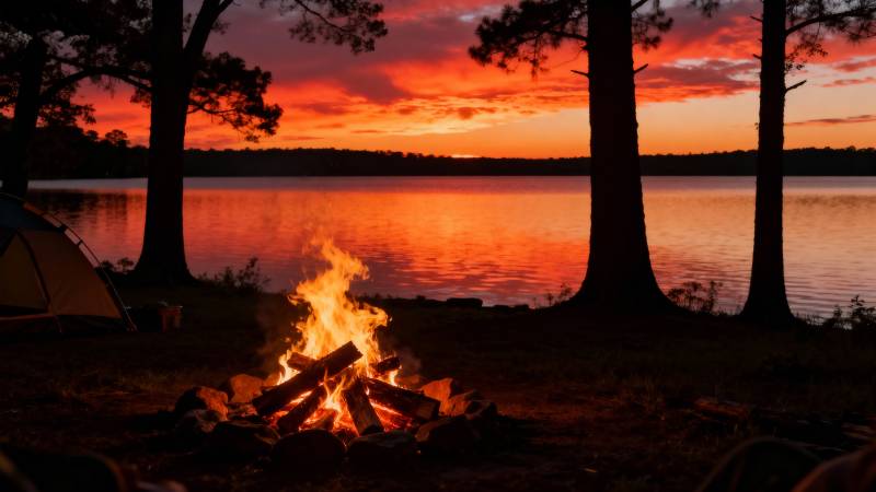 湖畔篝火映晚霞图片