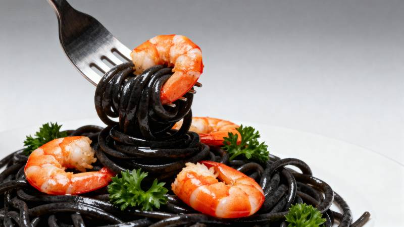 墨鱼汁意面配虾仁图片