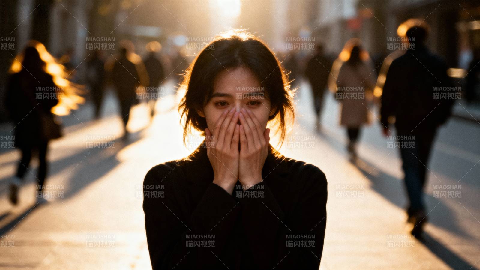 街头女子掩面而立图片