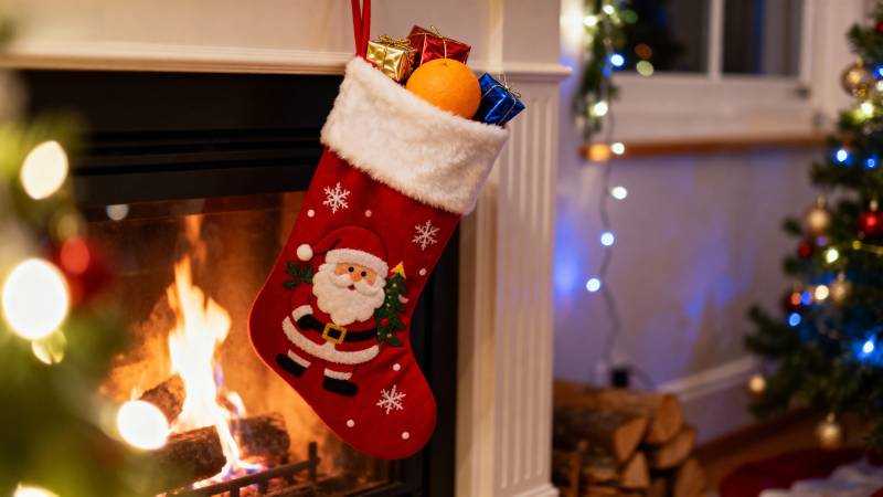圣诞袜挂壁炉旁图片