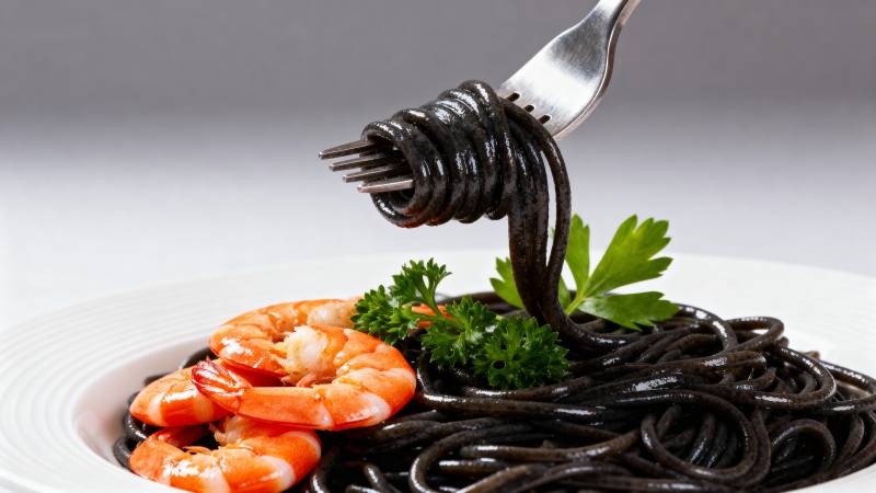 墨鱼汁意面配虾仁图片