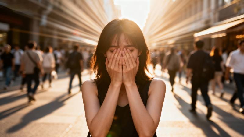 街头女子掩面哭泣图片