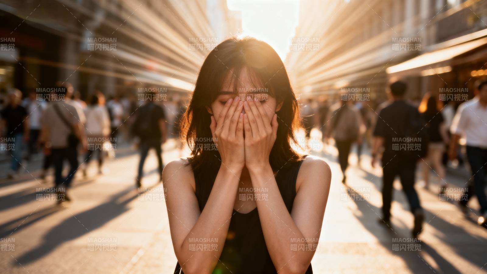 街头女子掩面哭泣图片