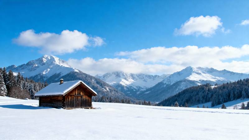 雪山小屋静谧冬景图片