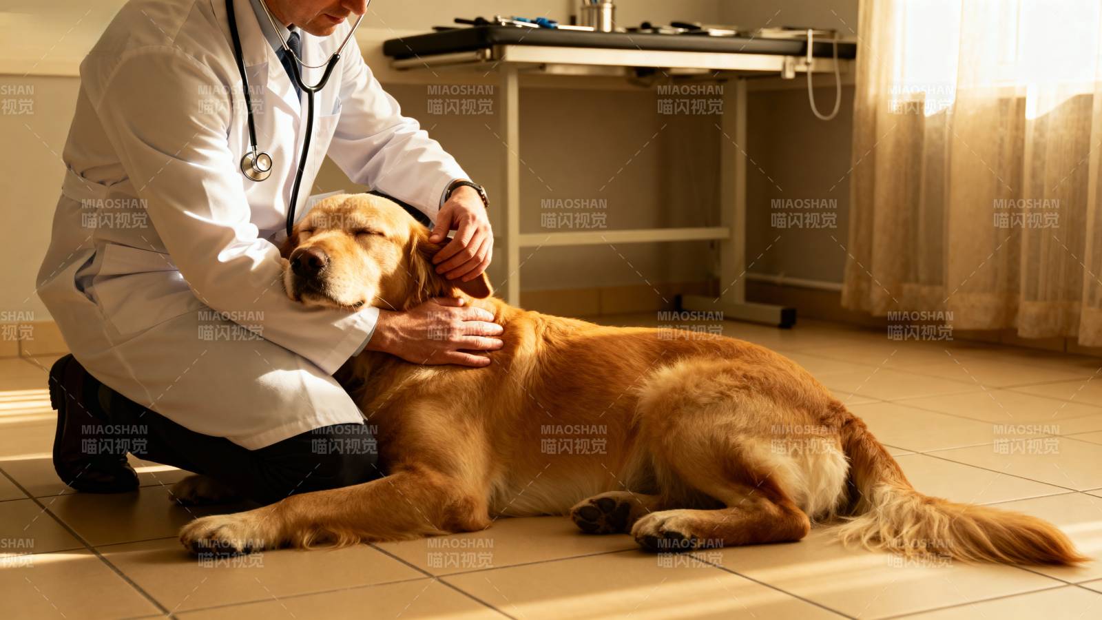 兽医为金毛犬检查图片