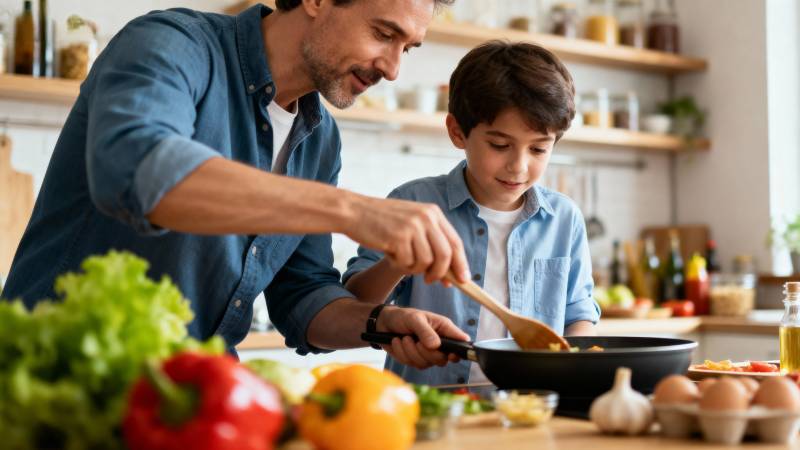 父子共烹美味佳肴图片