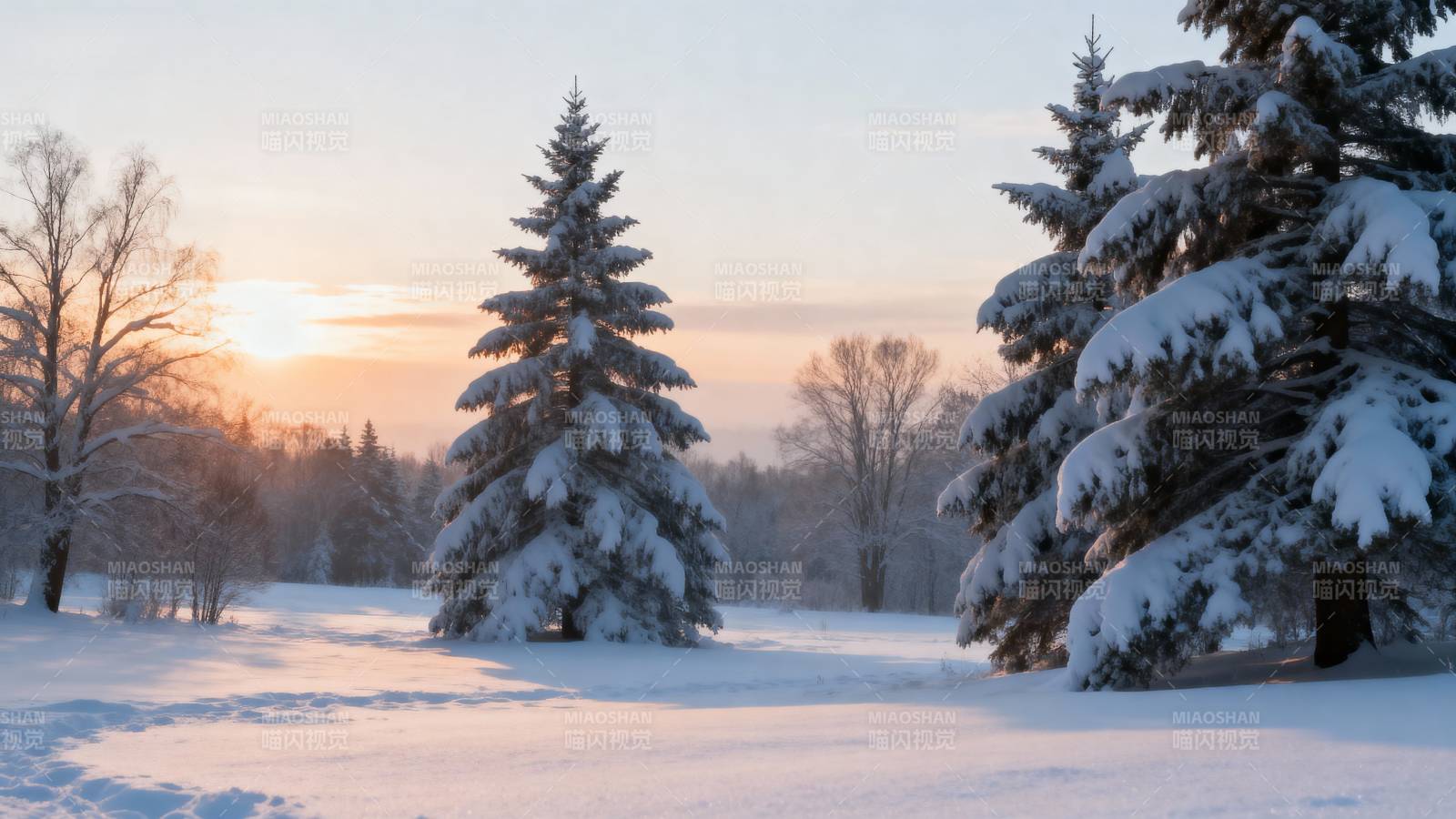雪景松林晨曦图片
