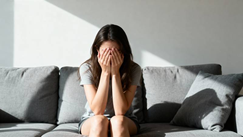 女子掩面坐沙发图片