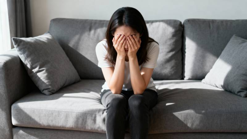 女子掩面坐在沙发上图片