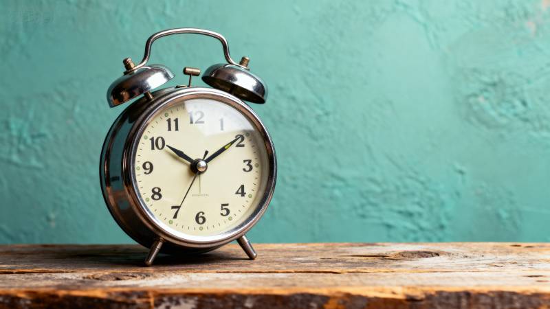 复古闹钟静置木桌图片