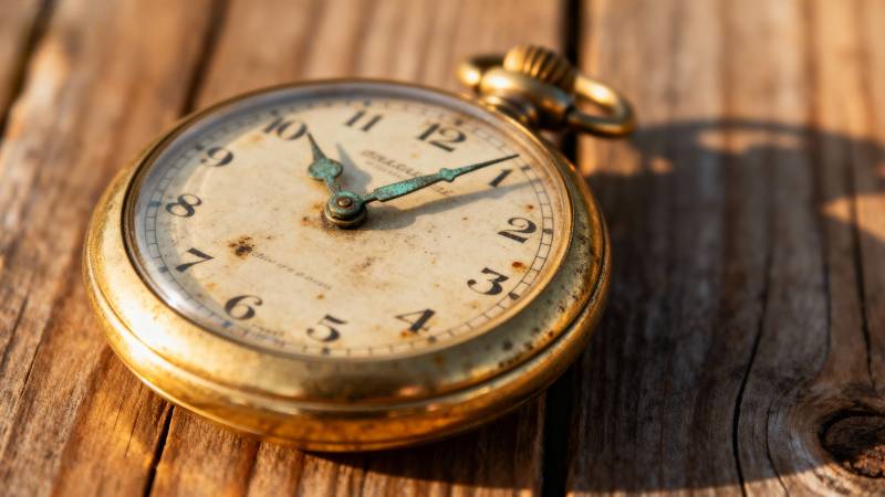 古董怀表静置木桌图片