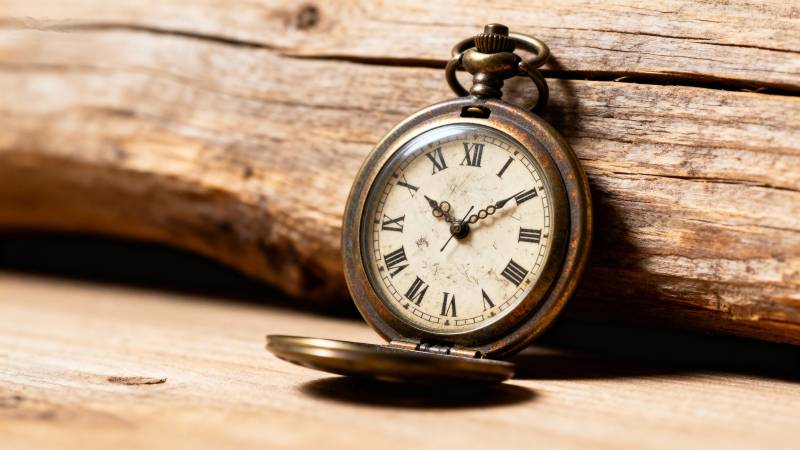 古董怀表静置木上图片