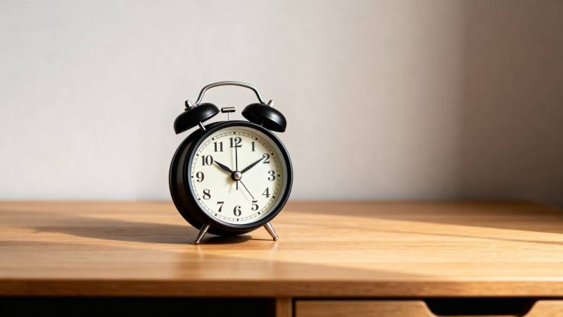 复古闹钟静置木桌图片