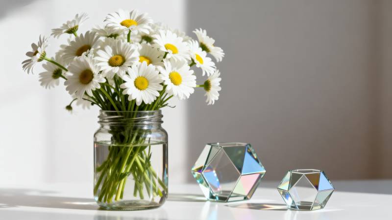 雏菊与水晶几何体图片