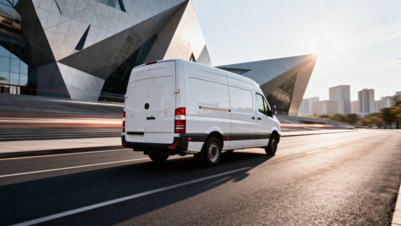 白色货车城市疾驰图片